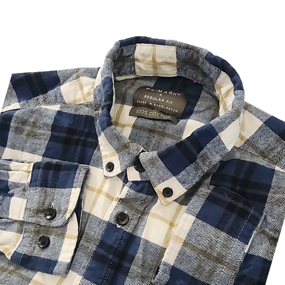 PrImark Flannel Shirt Mens Small/14-16 Blue Plaid Button Up Long Sleeve School